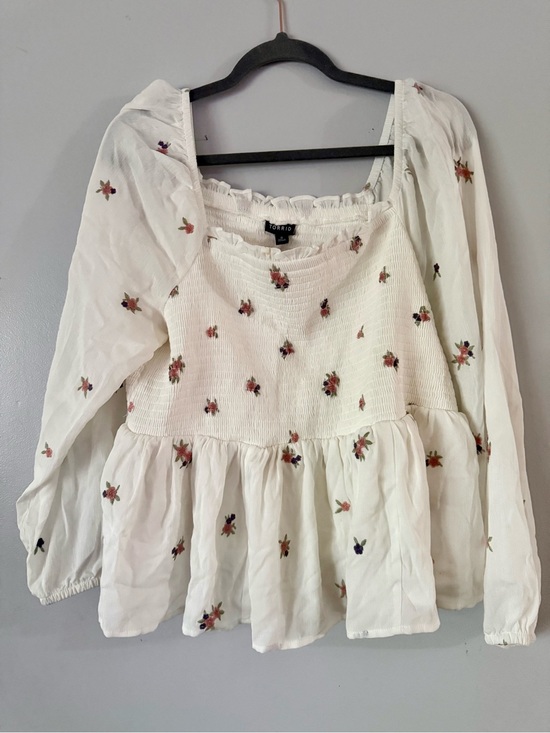 torrid Tops - Torrid Cottagecore Floral Embroidered Smocked Gauze Peplum Crop Blouse